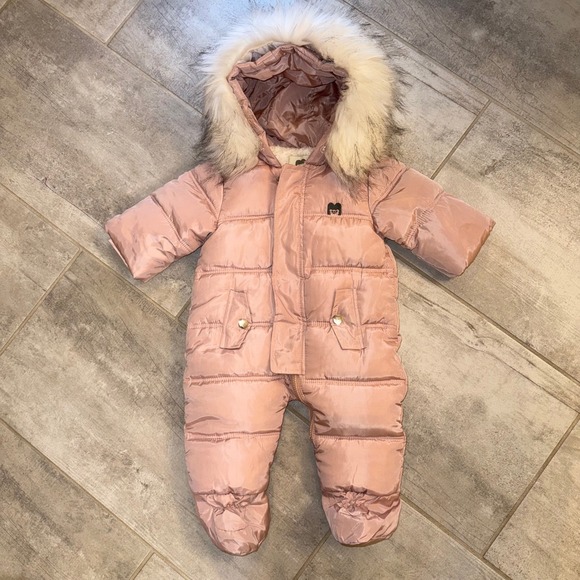 Mother's babybear 9-12M Pink Puffer Snowsuit Faux Fur Hood Winter Outfit - Picture 1 of 7